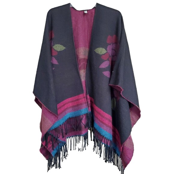ACCESSORY STREET Acrylic Open Poncho Wrap with Fringe Floral Pattern One Size - Picture 1 of 7